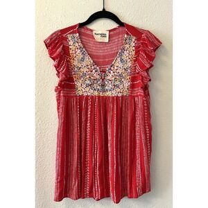 Savannah Jane Blouse Size Large Red Embroidered Floral Flutter Sleeve Boho